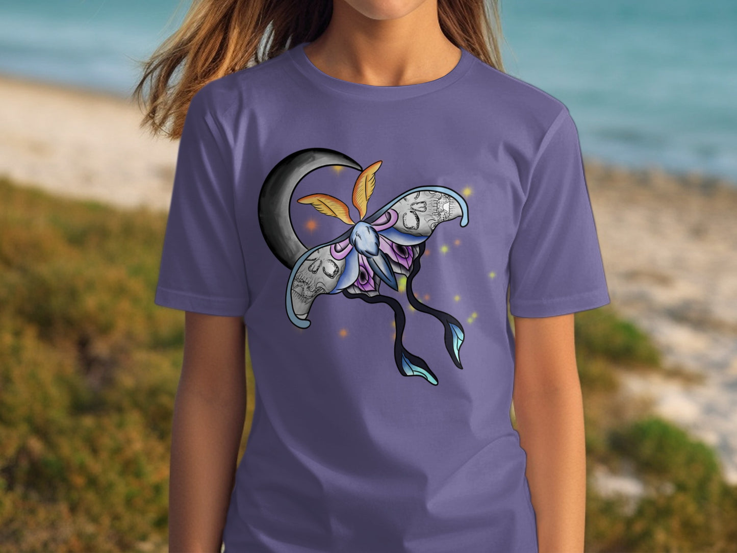 Colorful Moth and Moon Artwork on Purple Graphic T-shirt