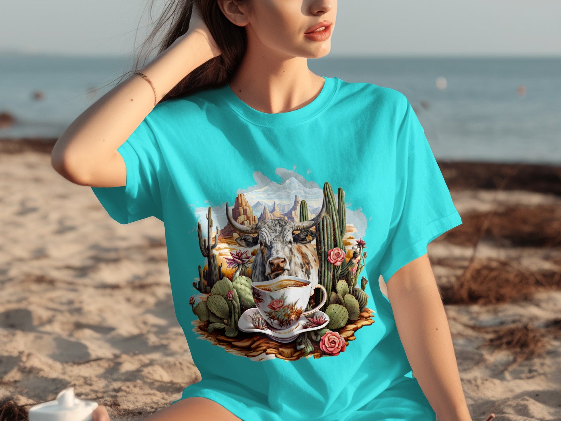 Unique Desert Cow and Cactus Graphic T-Shirt