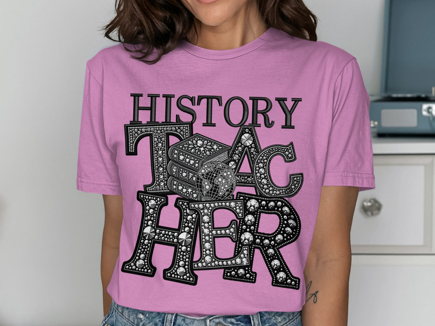 History Teacher Rhinestone Graphic Printed Tee