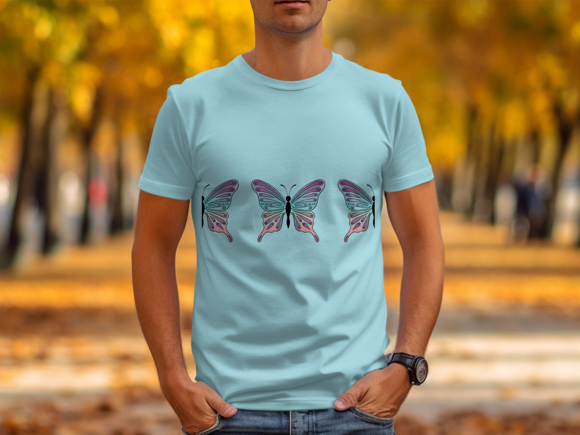 Stylish Pastel Blue Shirt with Colorful Butterfly Design