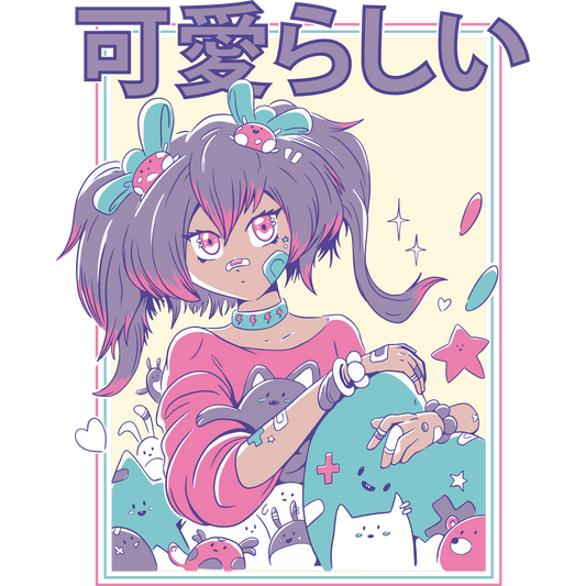 Cute Anime Girl Surrounded by Kawaii Characters Art