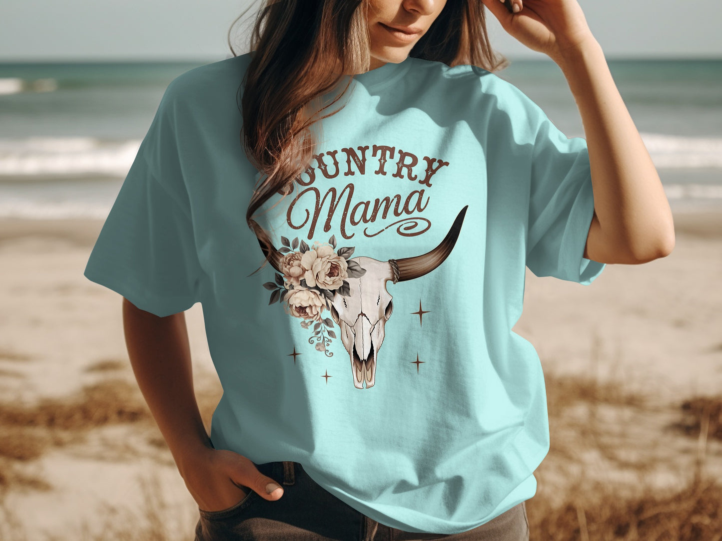 Country Mama Skull Floral Tee Casual Beachwear