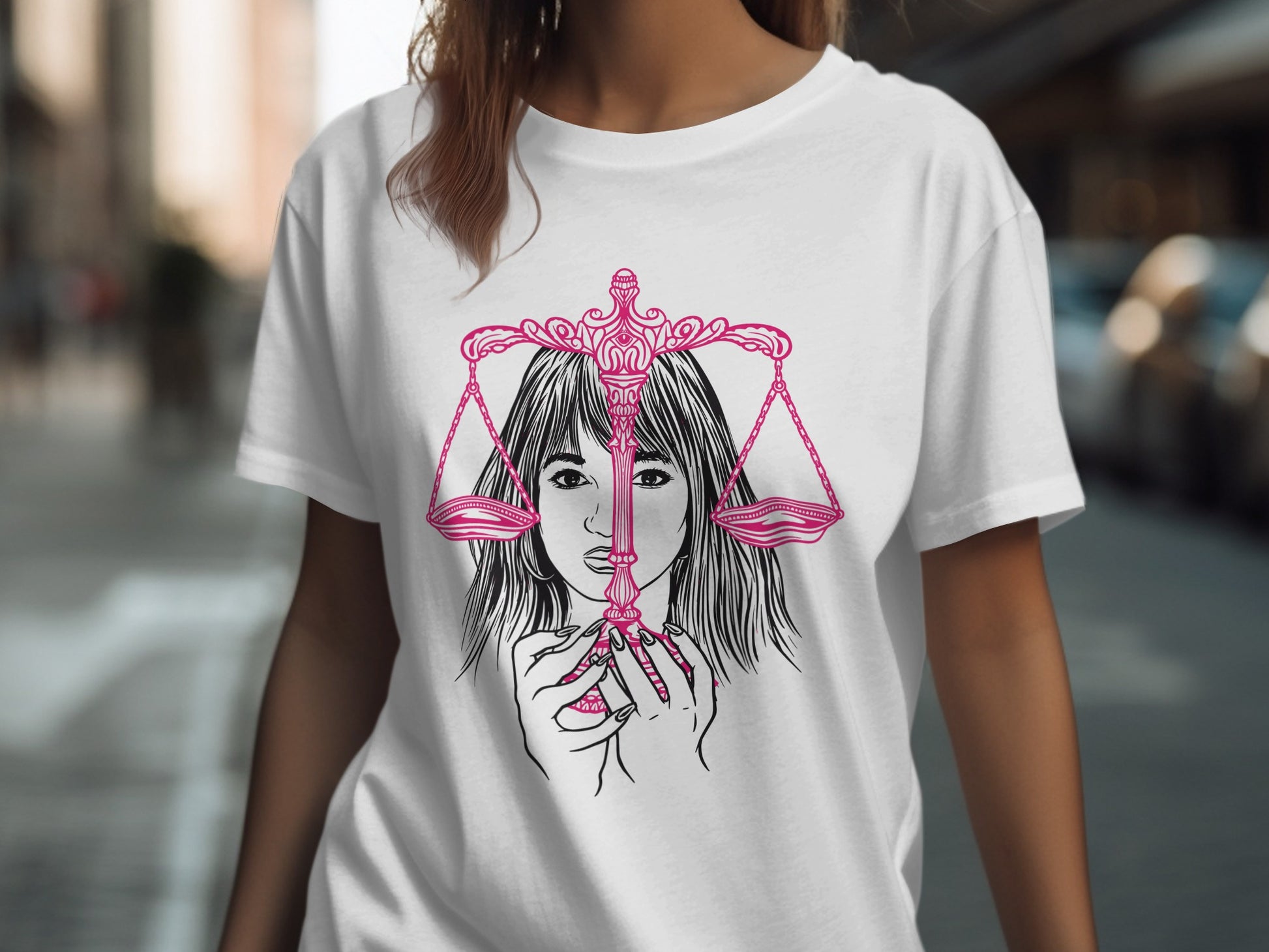 Scales of Justice Graphic Tee with Woman Illustration