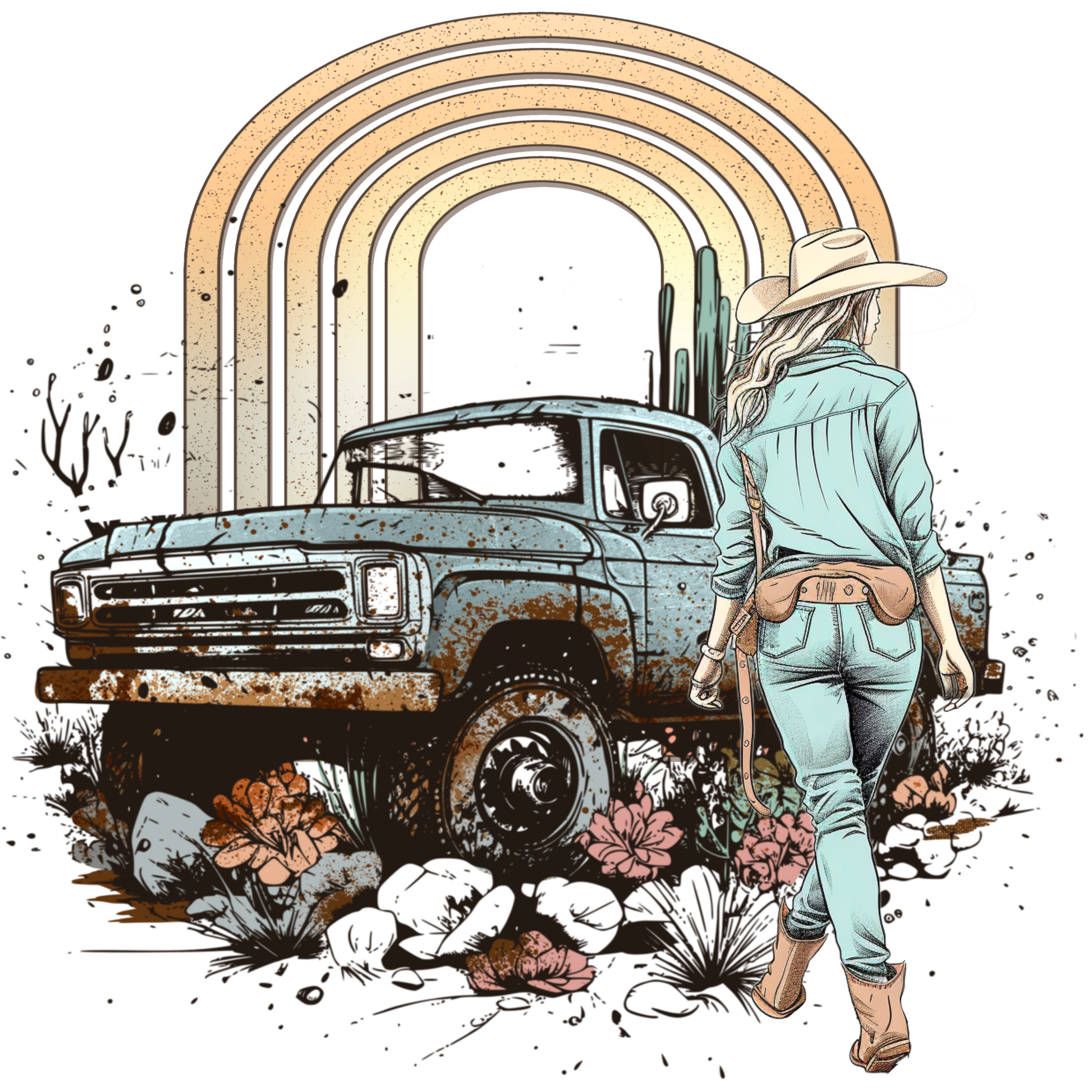 Retro Truck and Cowgirl in Desert Scene Artwork