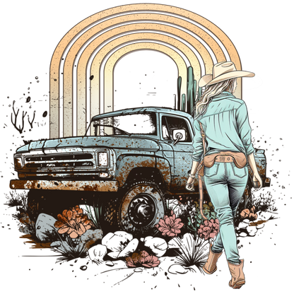 Retro Truck and Cowgirl in Desert Scene Artwork