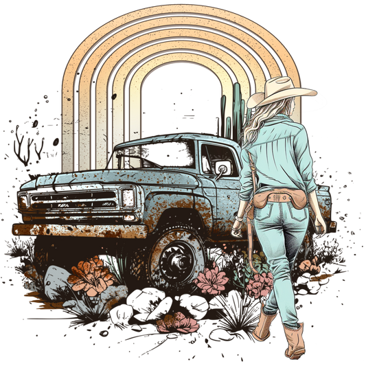 Retro Truck and Cowgirl in Desert Scene Artwork