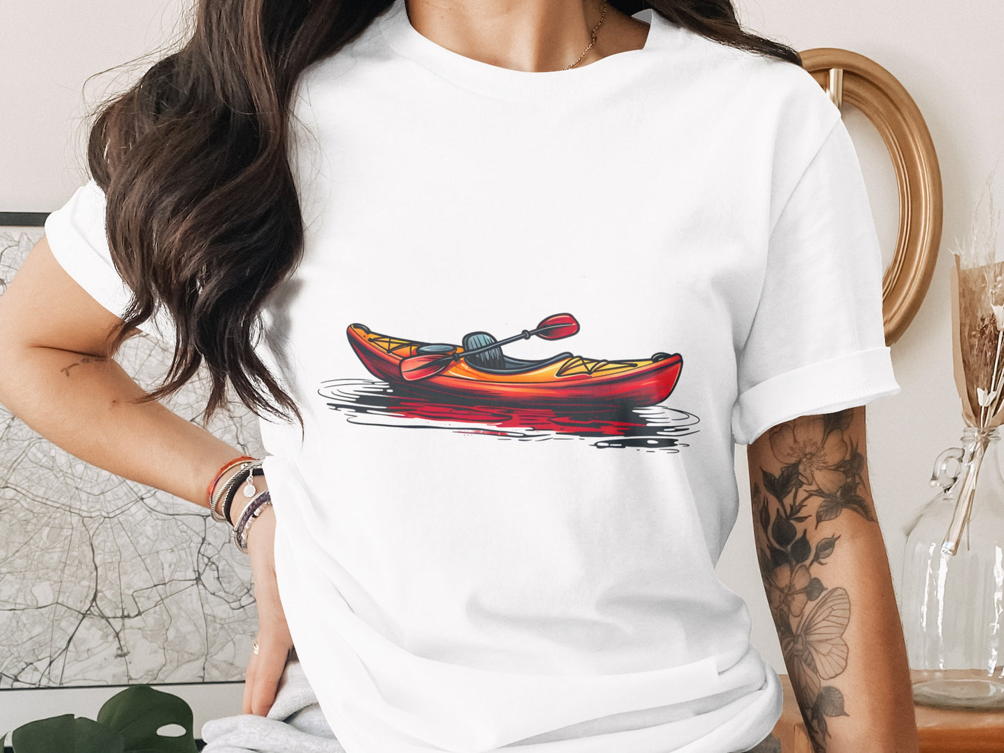 Vibrant Canoe with Paddle Casual Graphic Shirt