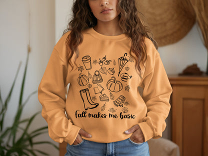 Fall Makes Me Basic Cozy Sweater with Autumn Graphics