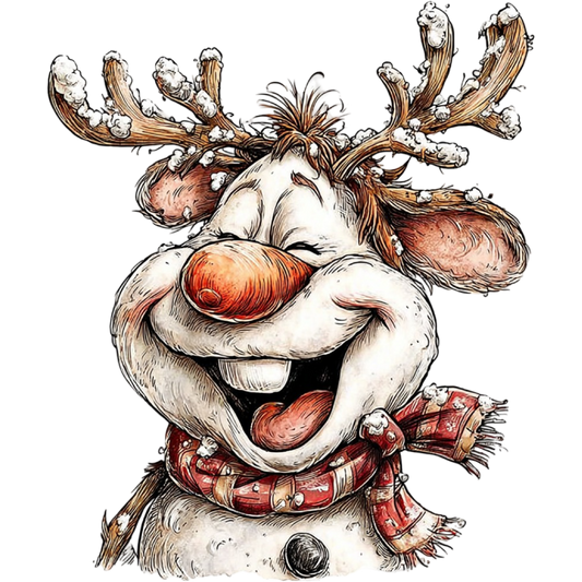 Lively Snowman Reindeer in Festive Scarf Art Print