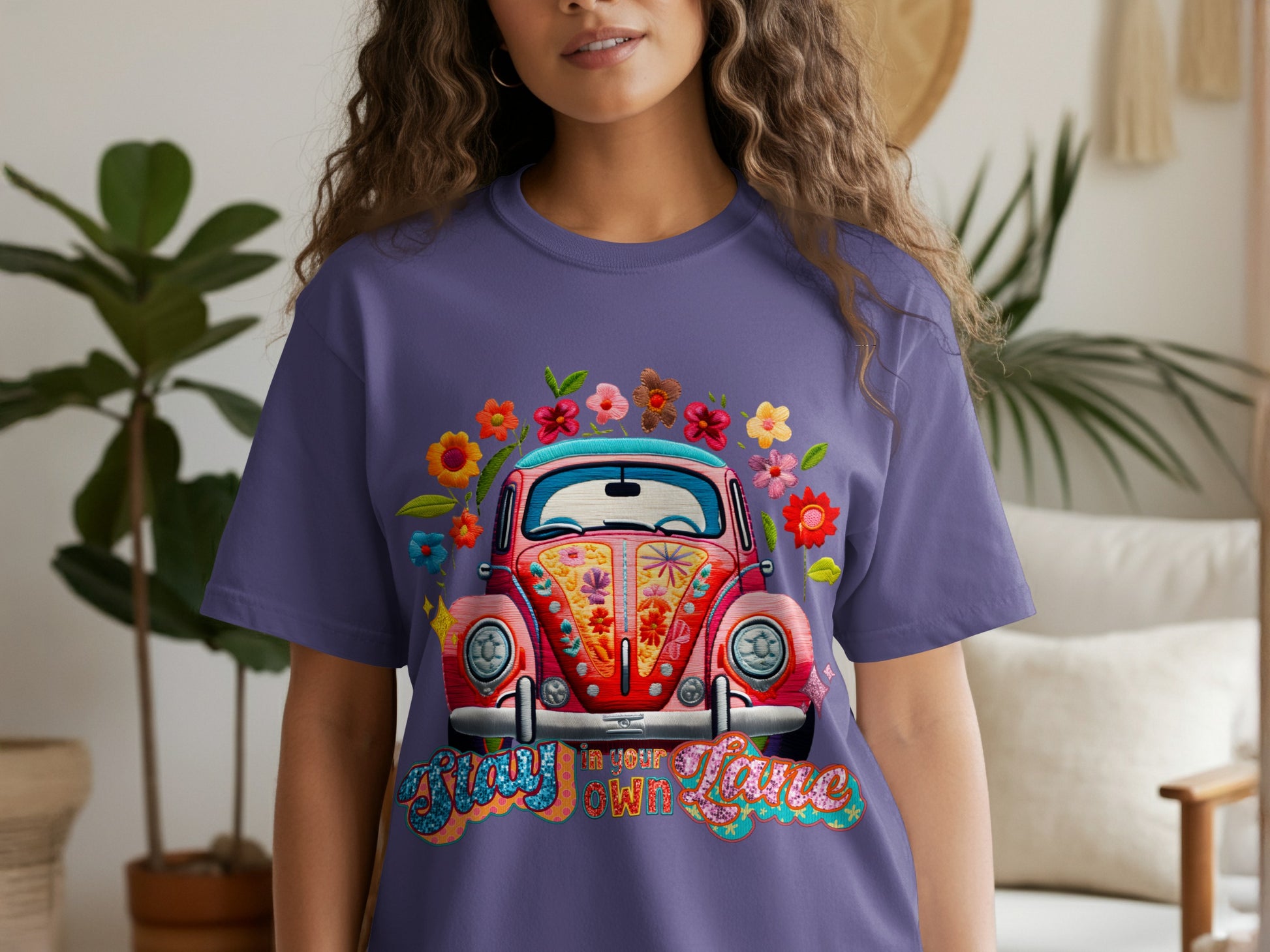 Floral Car Design Graphic Tee with Colorful Flowers