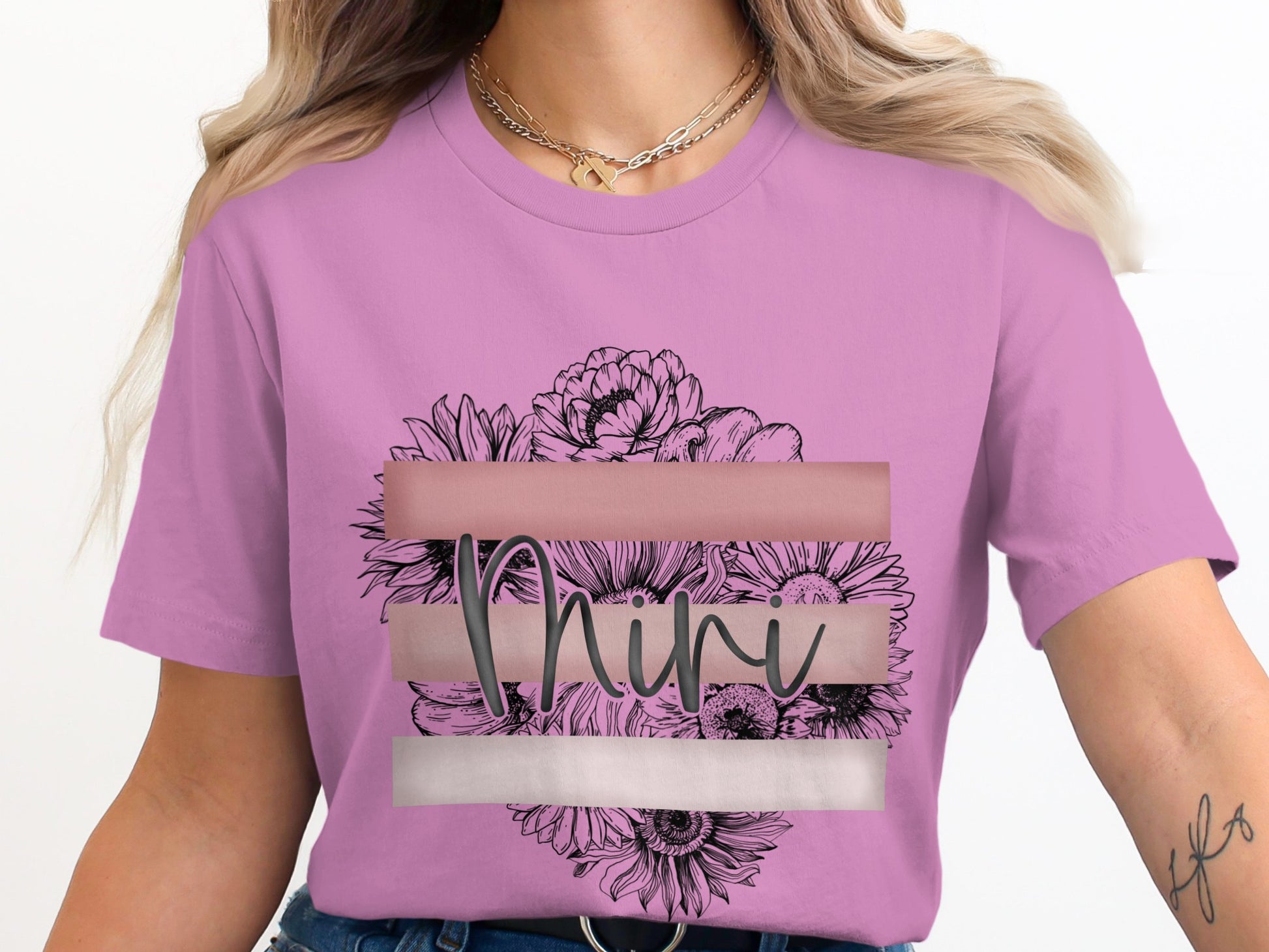 Beautiful Floral Graphic Design on Purple Shirt