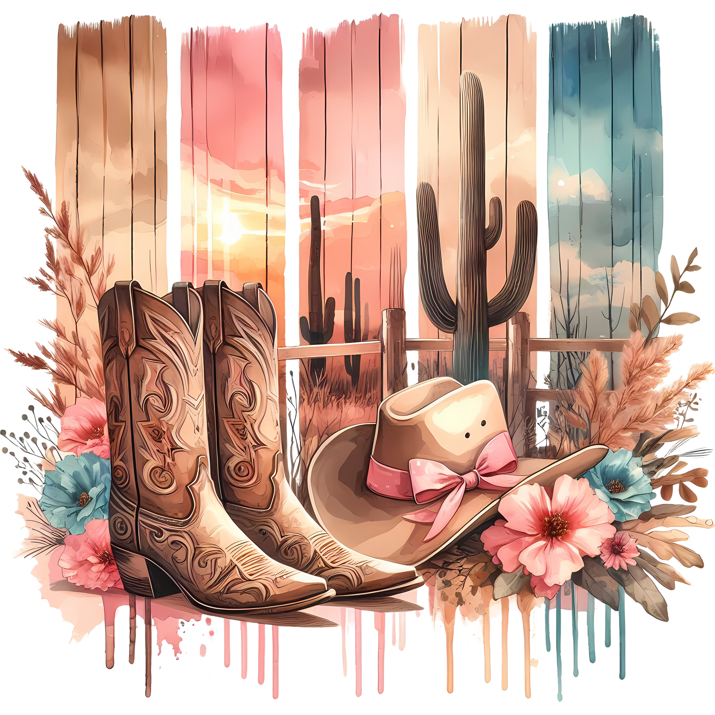 Colorful desert sunset scene with western accessories