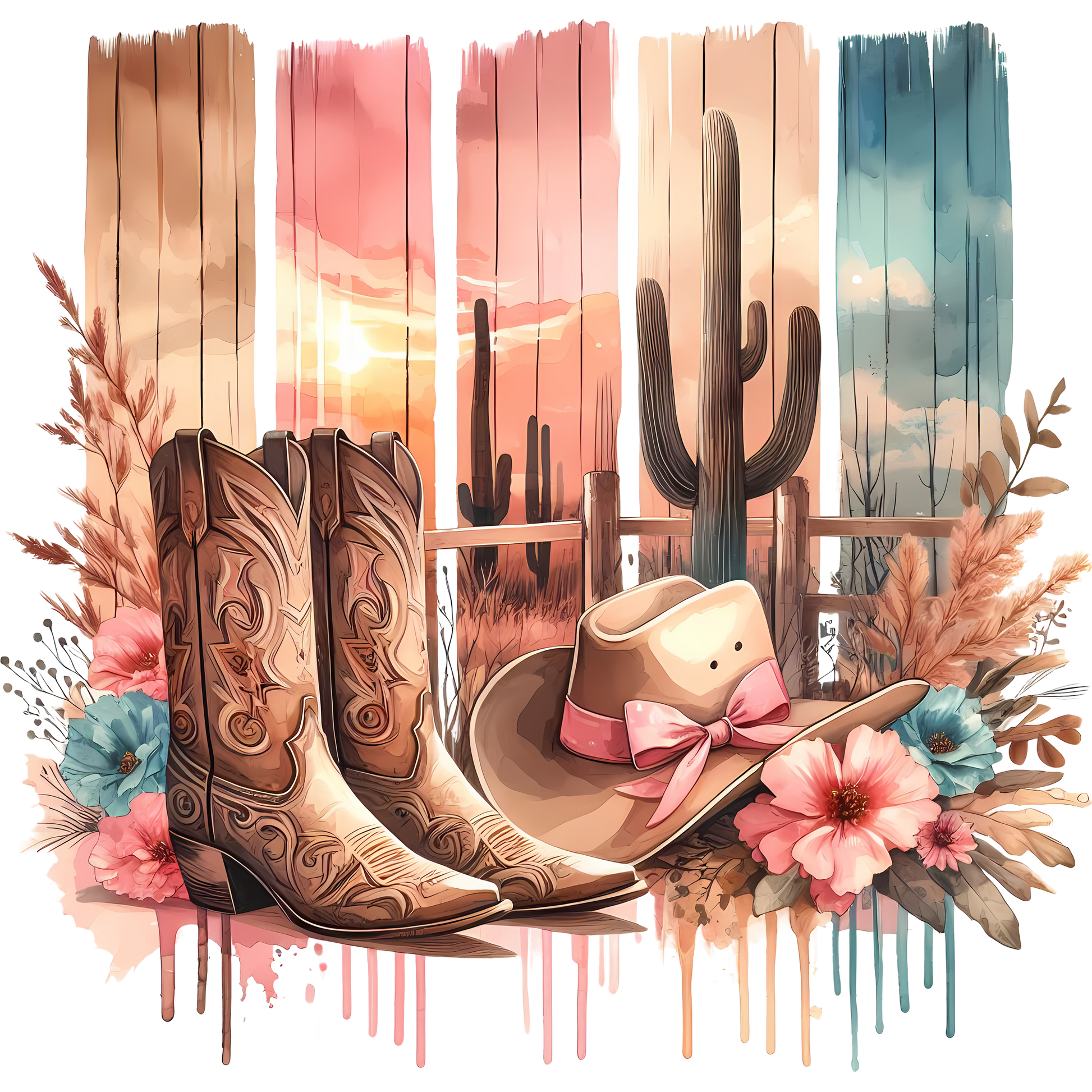 Colorful desert sunset scene with western accessories