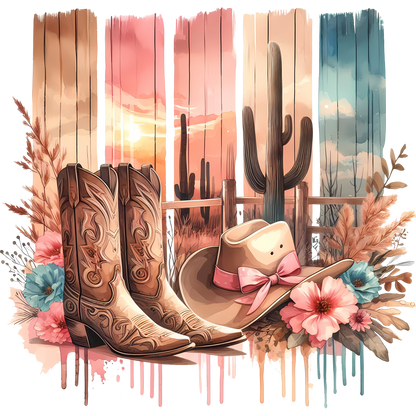 Colorful desert sunset scene with western accessories
