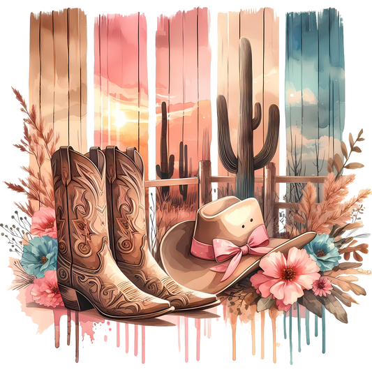 Colorful desert sunset scene with western accessories