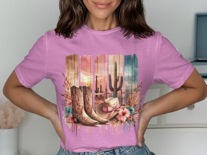 Colorful Desert Boots and Cactus Graphic T-Shirt