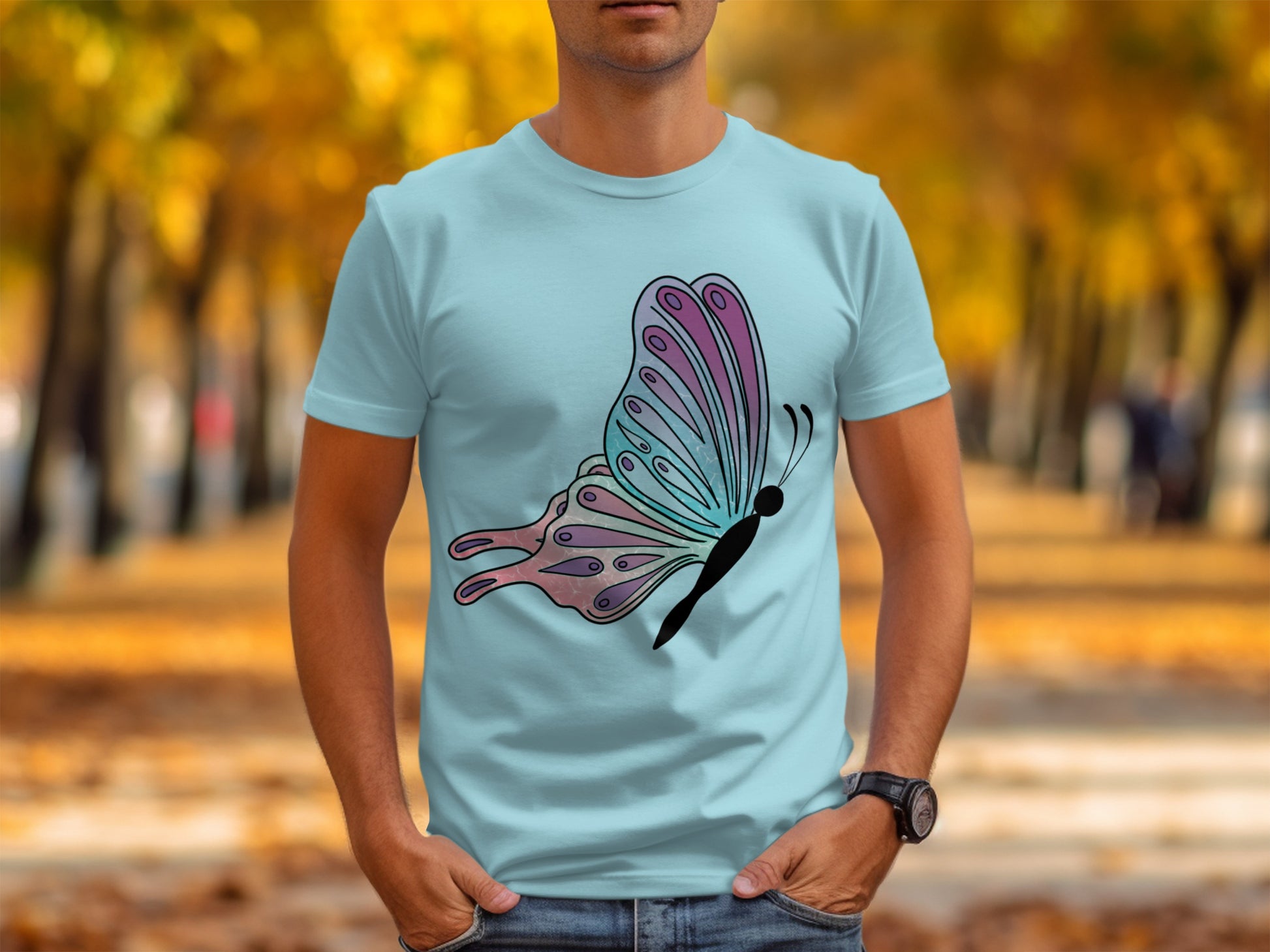 Colorful Butterfly Graphic Art Design on Blue TShirt