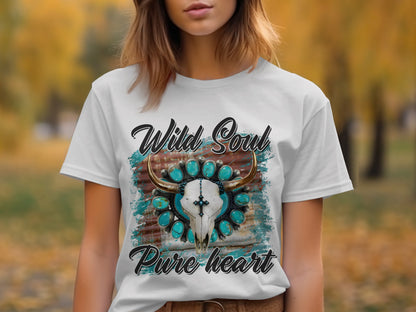 Wild Soul Pure Heart T-Shirt with Bull Skull Design