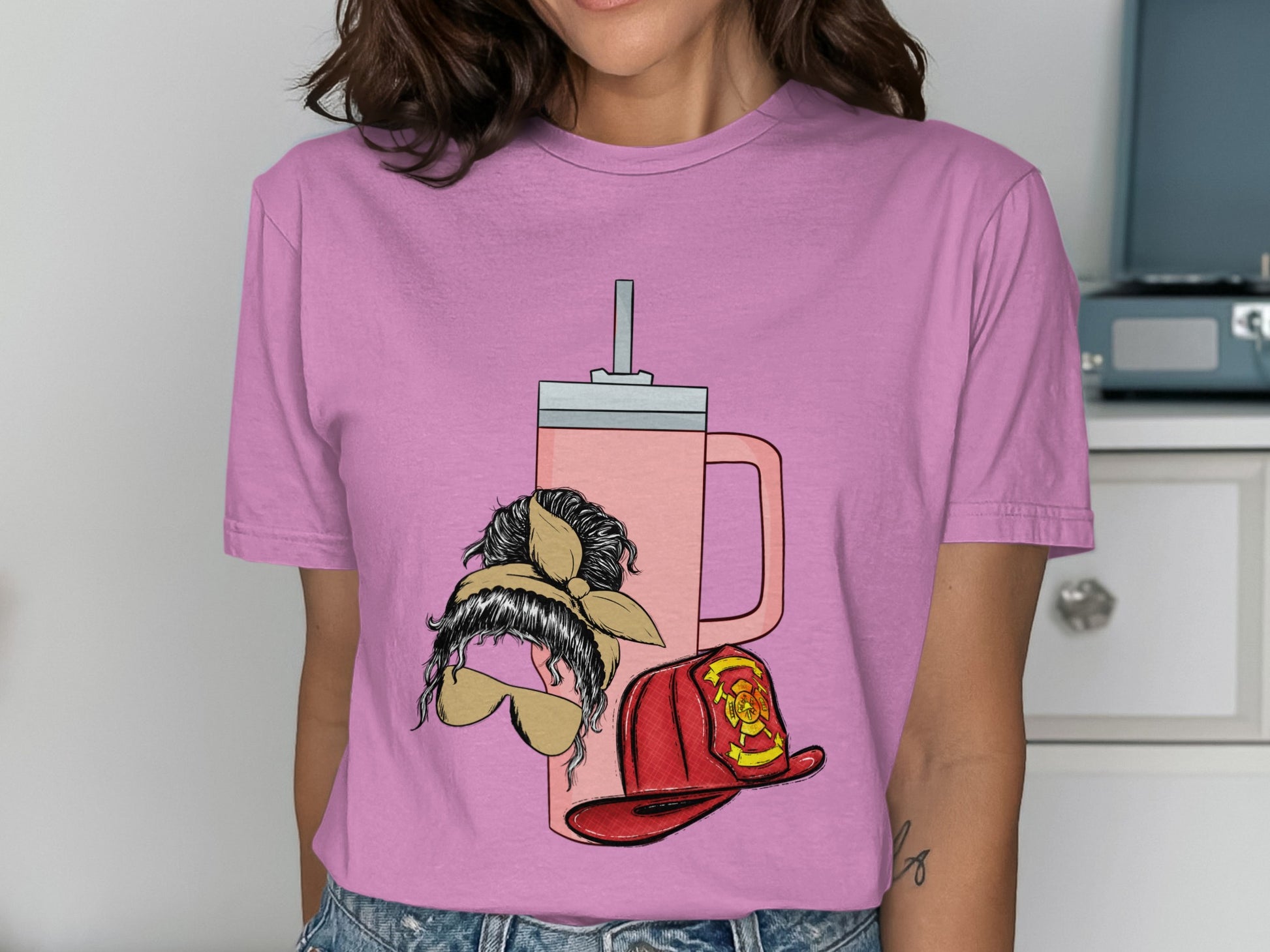 Quirky Pink T-Shirt with Fun Mustache and Hat Illustration