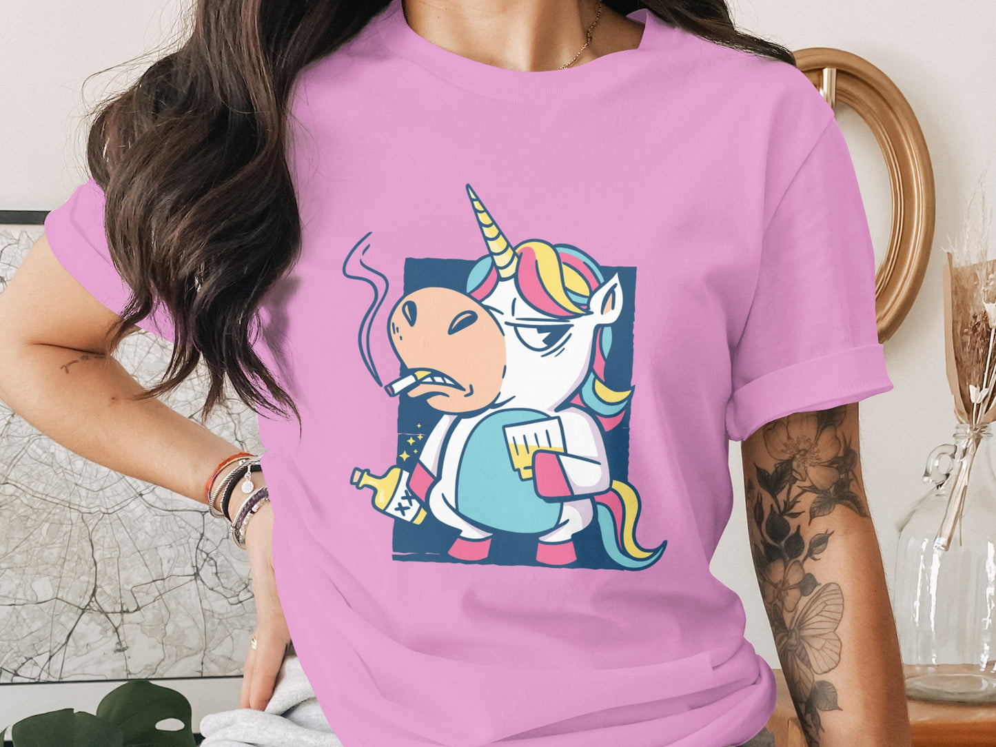 Sassy Unicorn with Juice Box Illustration on Apparel