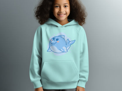 Cute Cartoon Dolphin on Mint Green Kids Hoodie