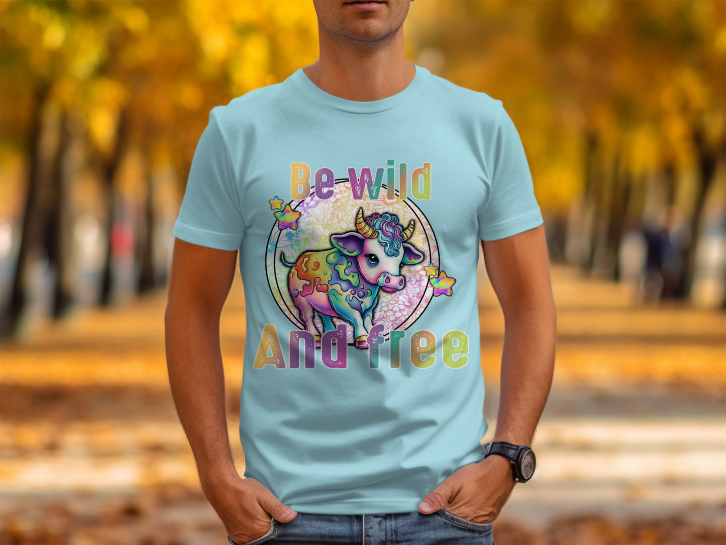 Be Wild And Free Multicolor Cow Design T-shirt