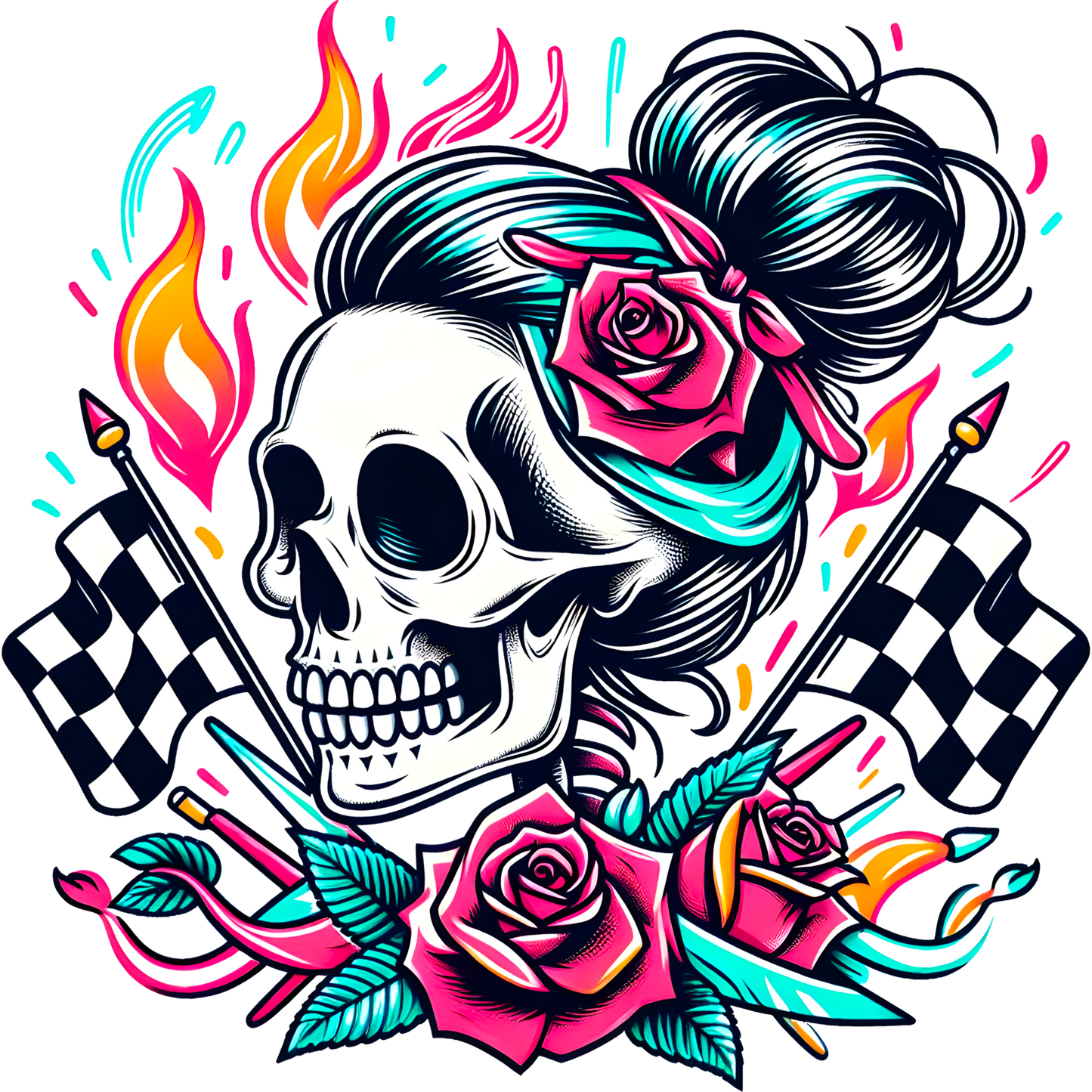 Colorful skull with roses and racing flags product