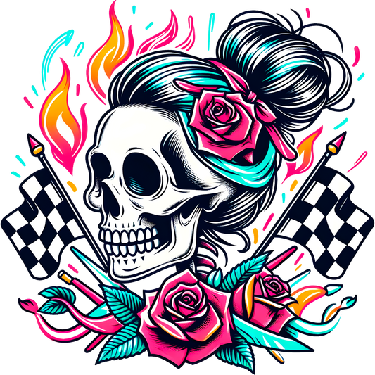 Colorful skull with roses and racing flags product