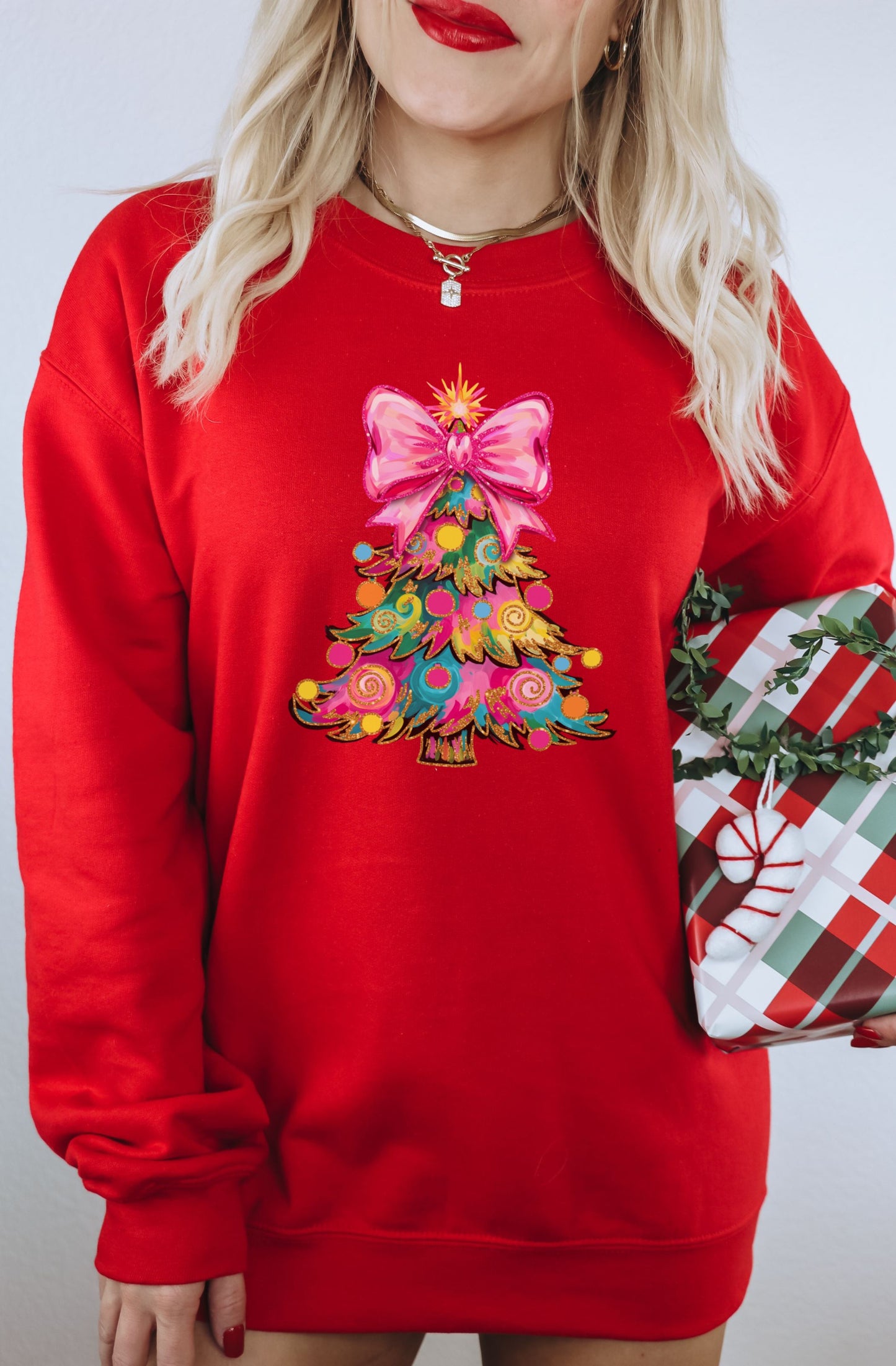 Festive Holiday Bow Christmas Tree Graphic Sweatshirt