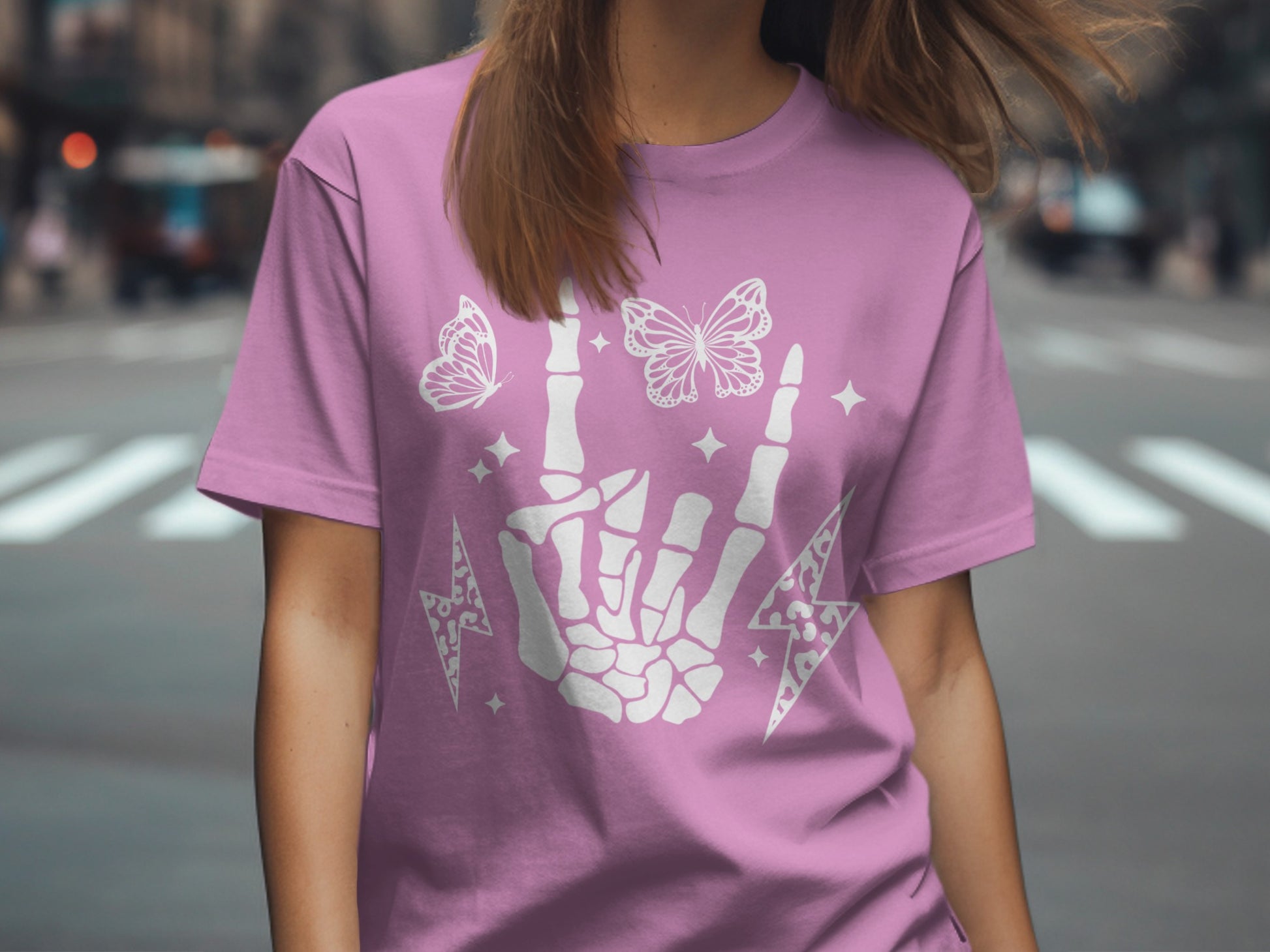 Butterfly and Lightning Skeleton Hand Graphic T-shirt