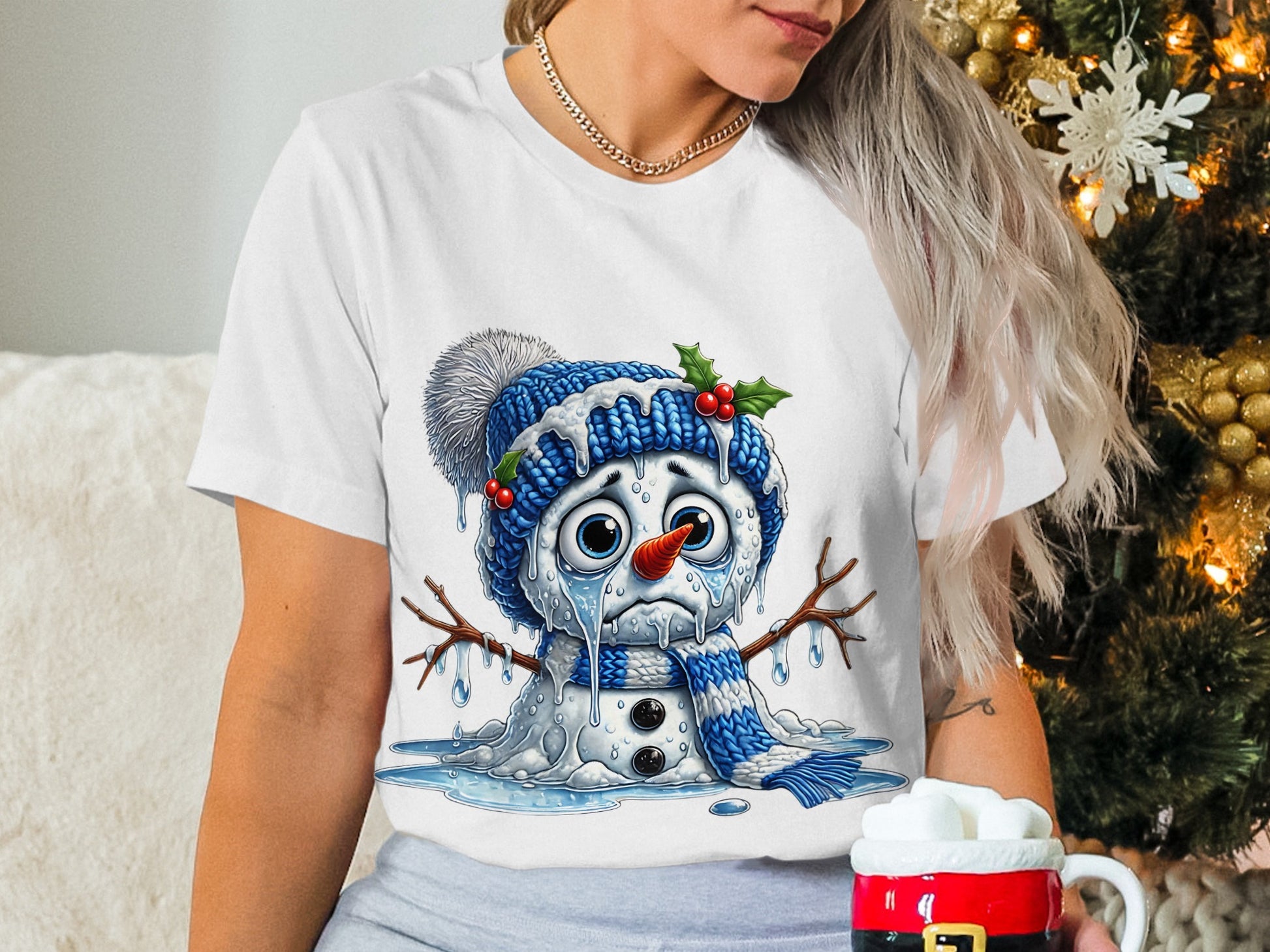 Melting Snowman with Winter Hat and Holly Christmas