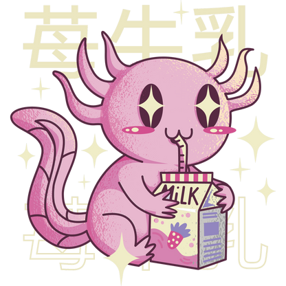 Adorable Cartoon Creature Sipping Strawberry Milk Art