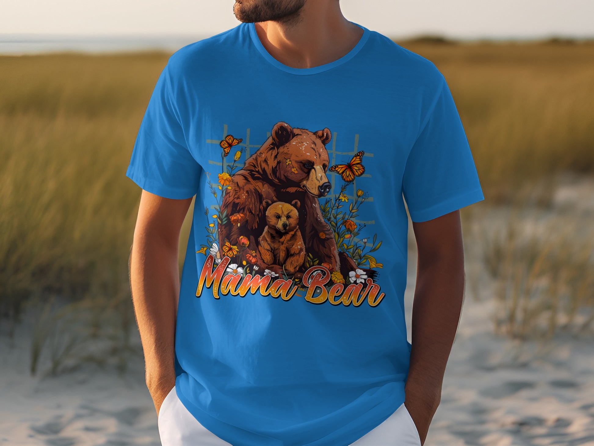 Mama Bear Graphic Tee with Cubs and Butterflies