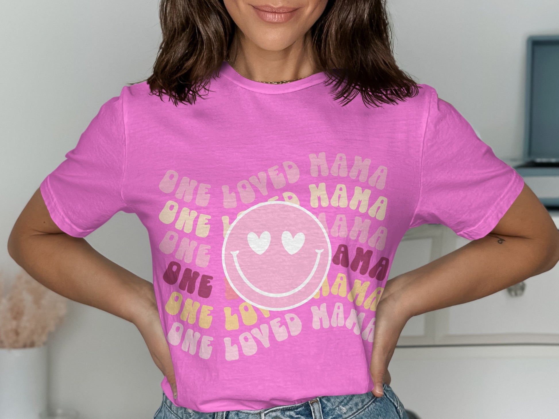 One Loved Mama Graphic Tee Pink Smiley Face Shirt