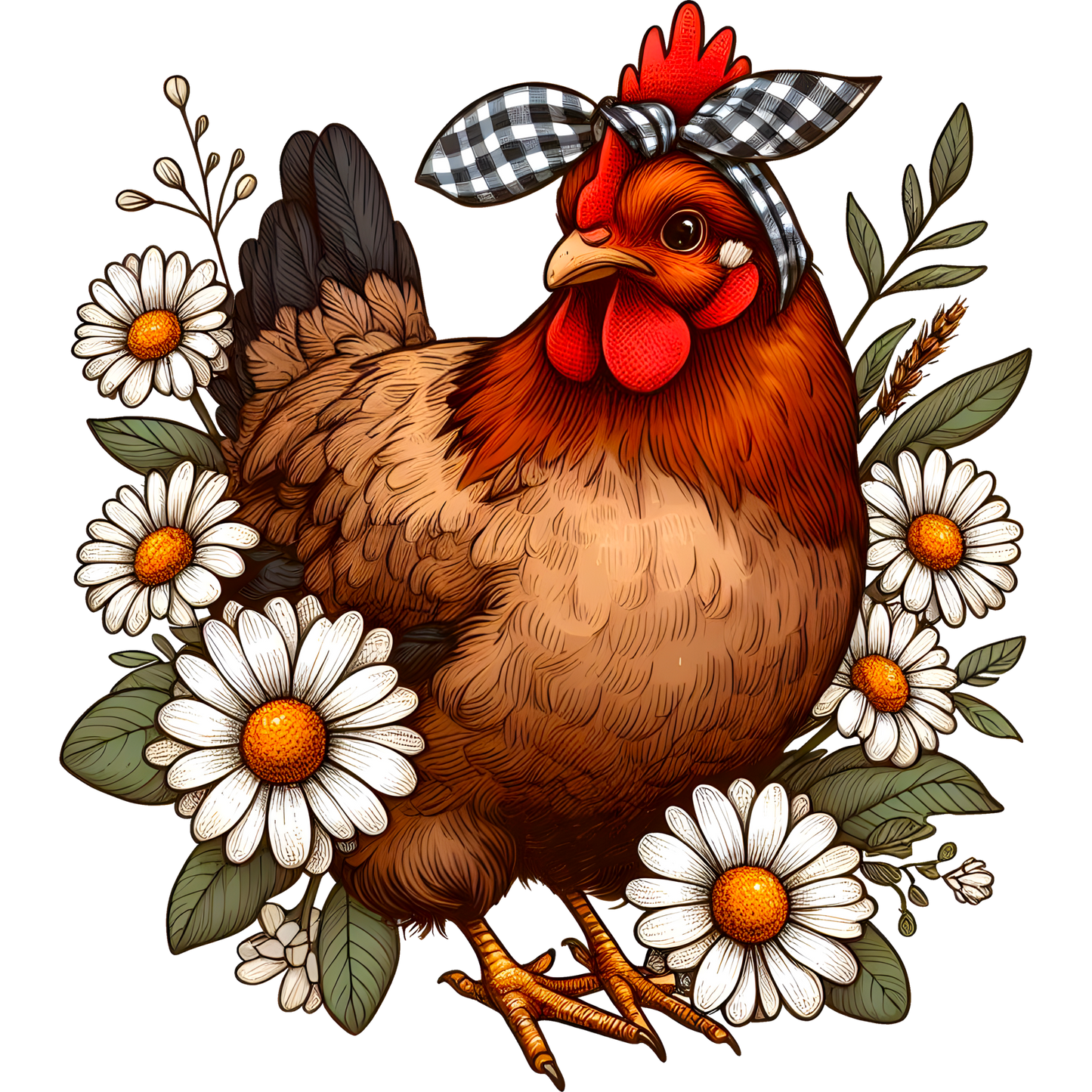 Country Farm Chicken with Flowers Art Print