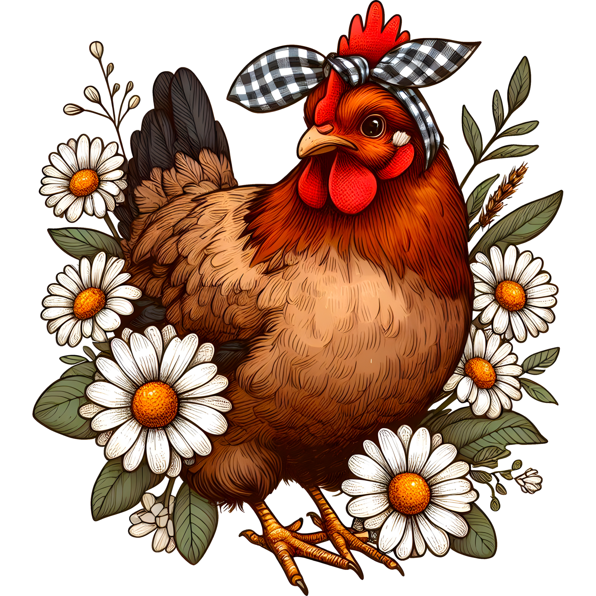 Country Farm Chicken with Flowers Art Print