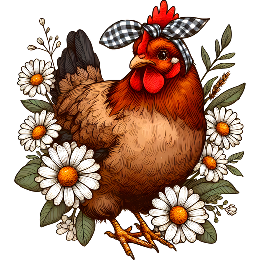 Country Farm Chicken with Flowers Art Print