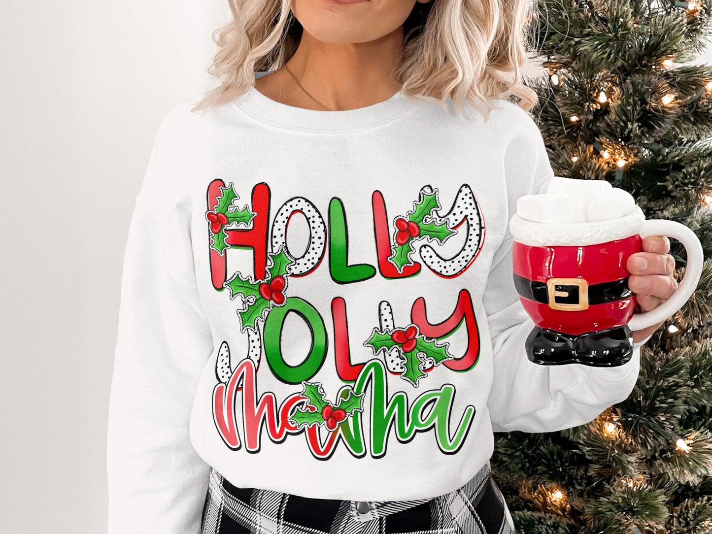 Holly Jolly Mama Festive White Holiday Apparel