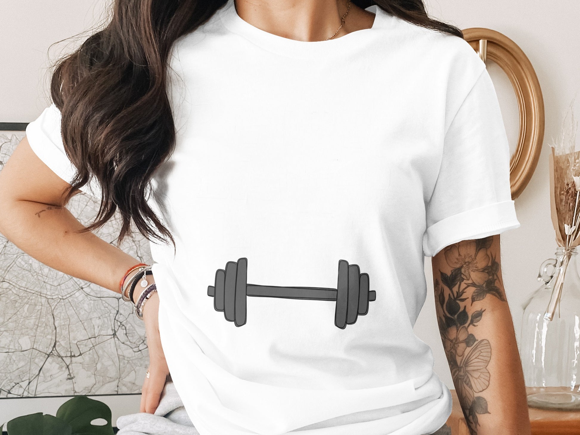 White T-Shirt with Dumbbell Graphic Design Print