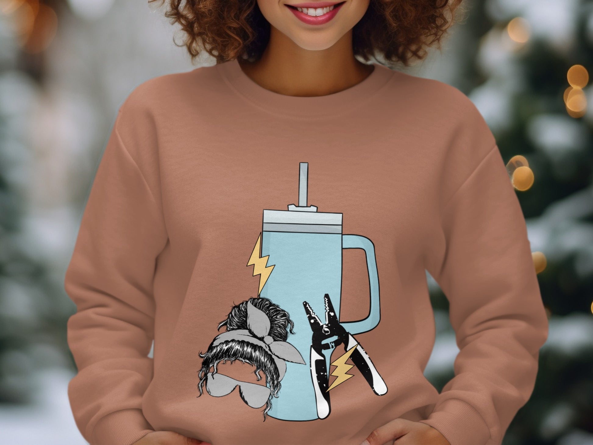 Cozy Winter Sweatshirt with Fun Coffee Mug Illustration