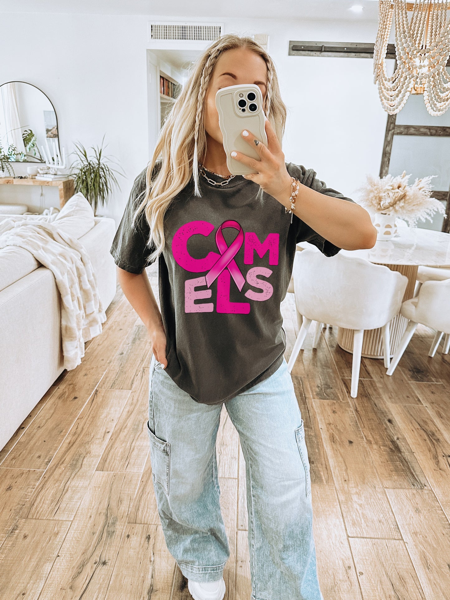 Cancer Awareness Casual Tee With Pink Ribbon Print