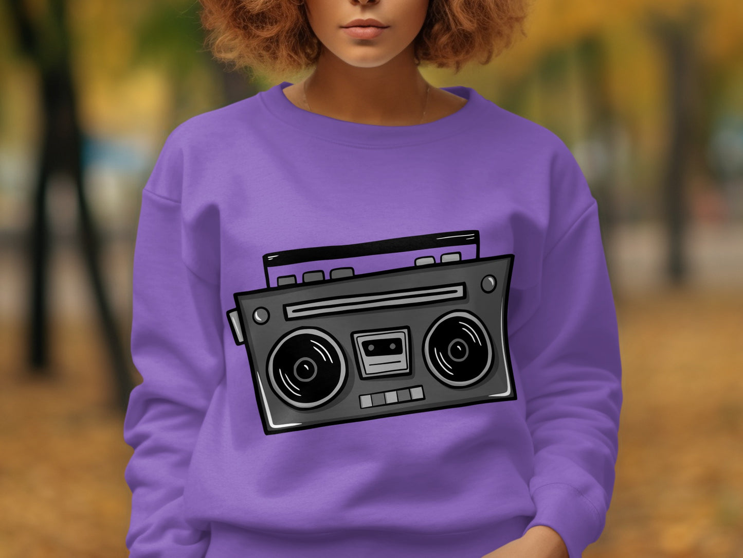 Purple Sweater with Boombox Graphic Design