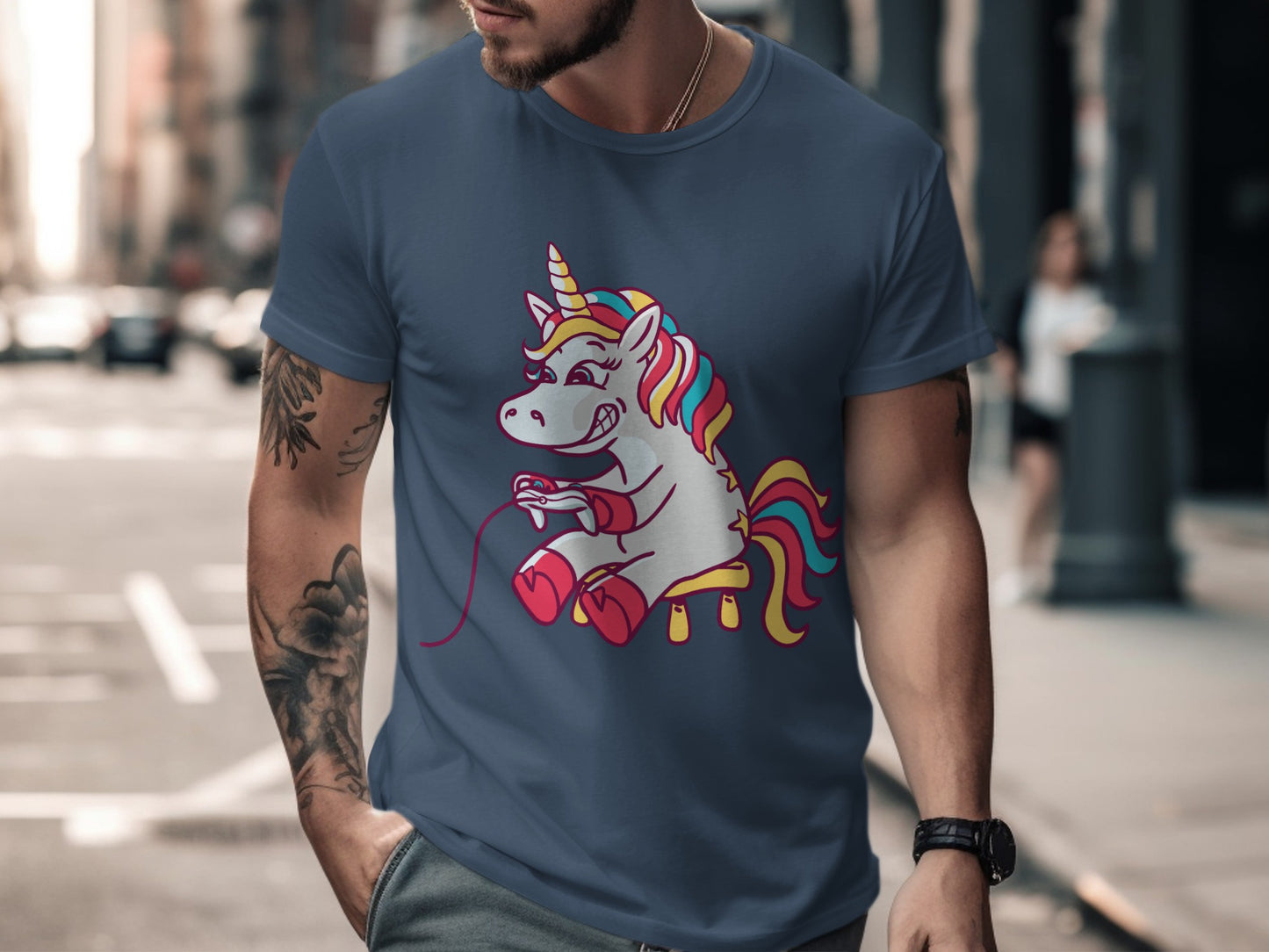 Colorful Unicorn Playing Video Games Graphic T-shirt