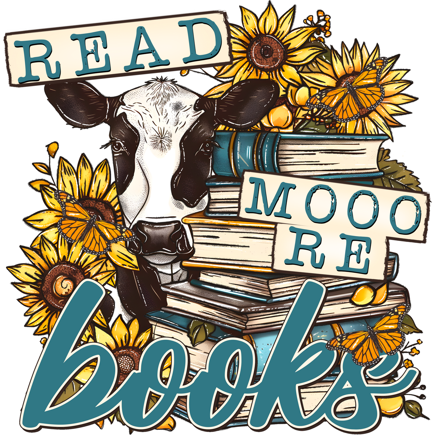 Read Mooore Books with Cow and Sunflowers Illustration