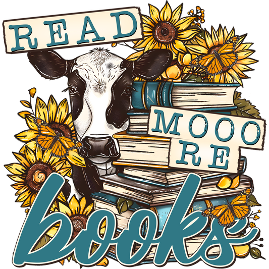 Read Mooore Books with Cow and Sunflowers Illustration
