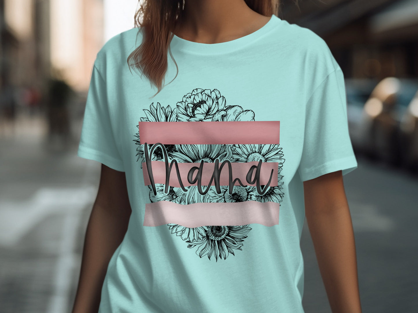 Nana Graphic Tee with Floral Design on Light Blue