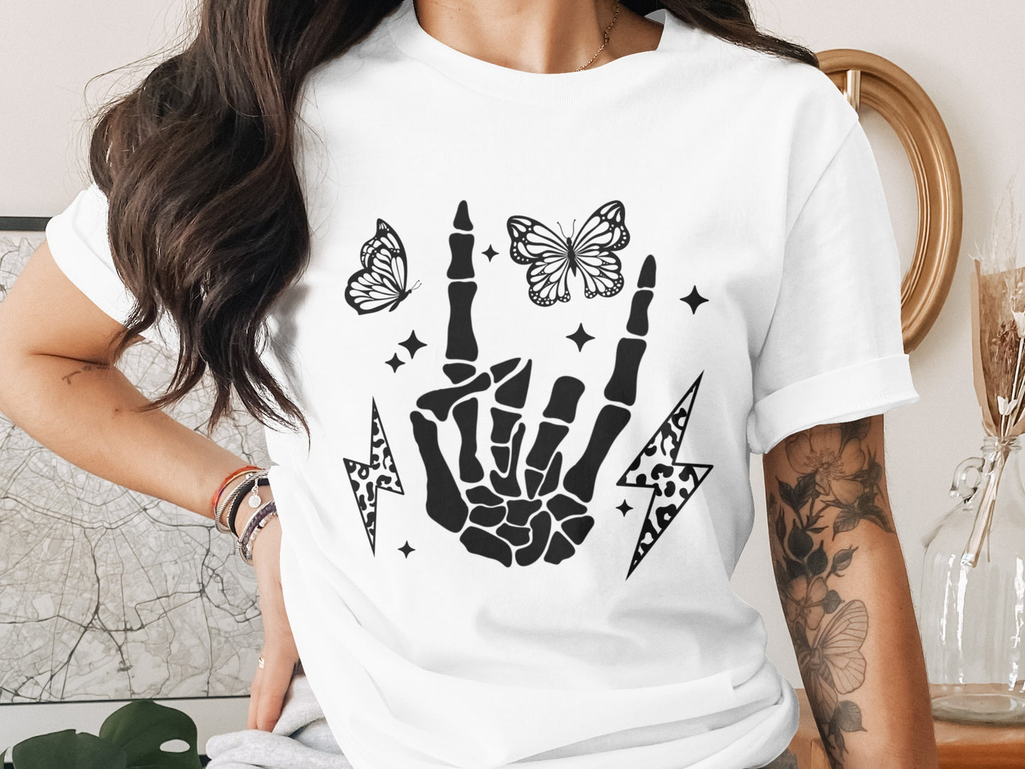 Skeleton Hand with Butterflies and Lightning Shirt