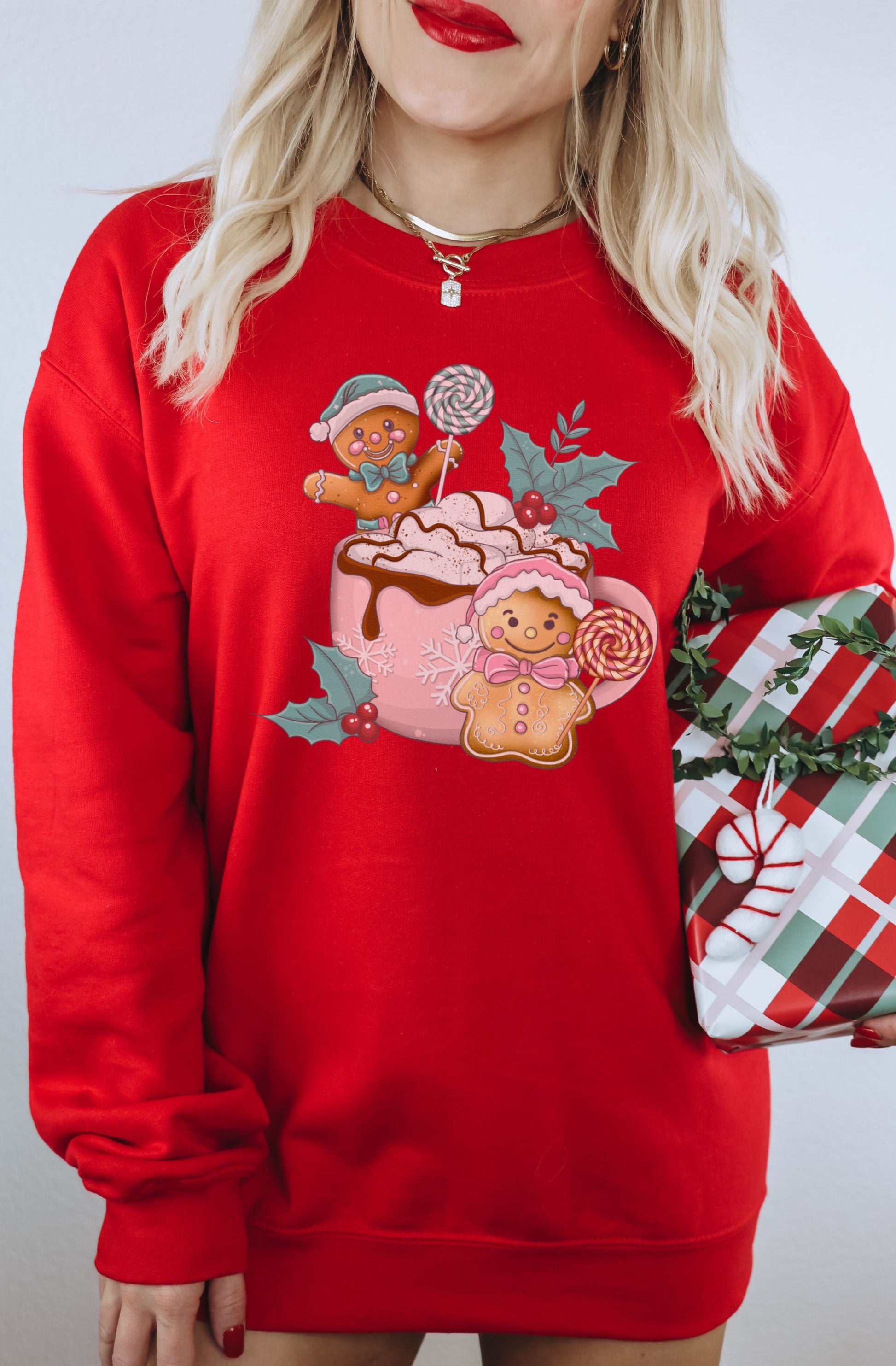 Festive gingerbread and candy cane holiday sweatshirt
