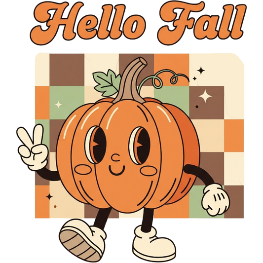 Cute Pumpkin Cartoon with Hello Fall Graphic