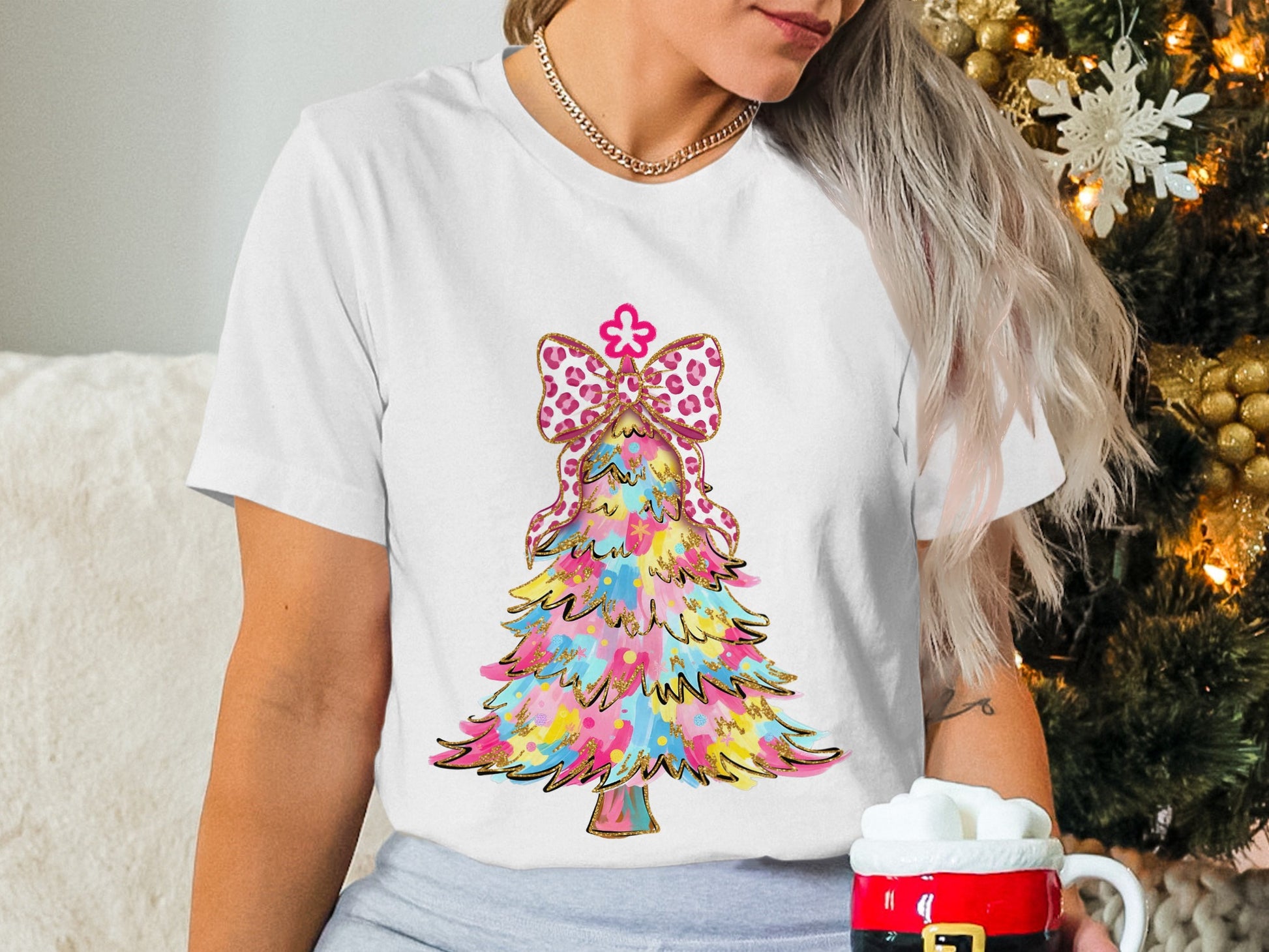 Colorful Christmas Tree with Leopard Bow T-Shirt
